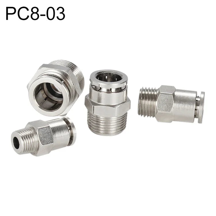 Conector Rápido Pneumático Reto com Rosca Macho em Cobre Níquelado LAIZE, PC4-01, PC4-02, PC4-M5, PC6-01, PC6-02, PC6-03, PC6-04, PC6-M5, PC8-01, PC8-02, PC8-03, PC8-04, PC10-01, PC10-02, PC10-03, PC10-04, PC12-01, PC12-02, PC12-03, PC12-04, PC14-02