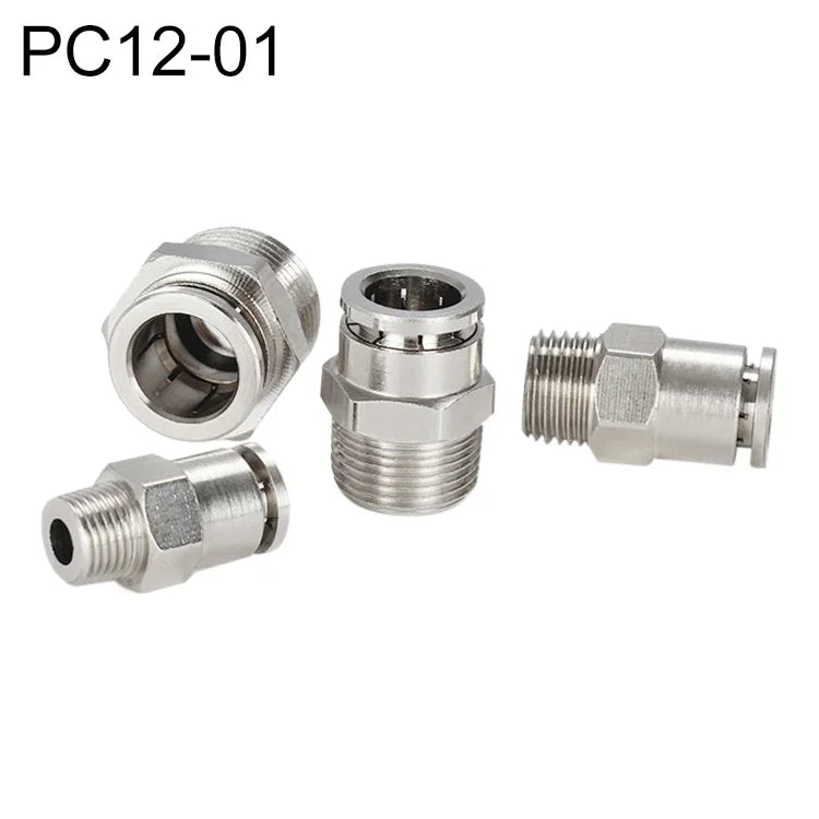 Conector Rápido Pneumático Reto com Rosca Macho em Cobre Níquelado LAIZE, PC4-01, PC4-02, PC4-M5, PC6-01, PC6-02, PC6-03, PC6-04, PC6-M5, PC8-01, PC8-02, PC8-03, PC8-04, PC10-01, PC10-02, PC10-03, PC10-04, PC12-01, PC12-02, PC12-03, PC12-04, PC14-02