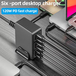 818H Carregador de Secretária Rápido 120W Type-C + USB 6 Portas, Ficha US, Ficha UK, Ficha EU, Ficha AU