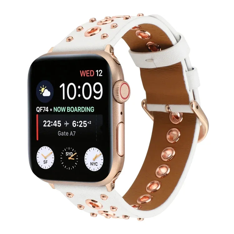 Pulseira de Relógio em Couro Genuíno com Rebites Punk, Para Apple Watch Series 7 41mm / 6 & SE & 5 & 4 40mm, Para Apple Watch Ultra 49mm / Series 8&7 45mm / SE 2&6&SE&5&4 44mm