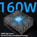 868H Carregador Multiportas 6 em 1 160W 3 PD Type-C + 2 USB QC3.0, 868H