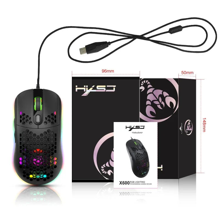 HXSJ X600 Rato Gaming Com Fios com Programação Macro RGB Luminoso 6 Teclas, X600