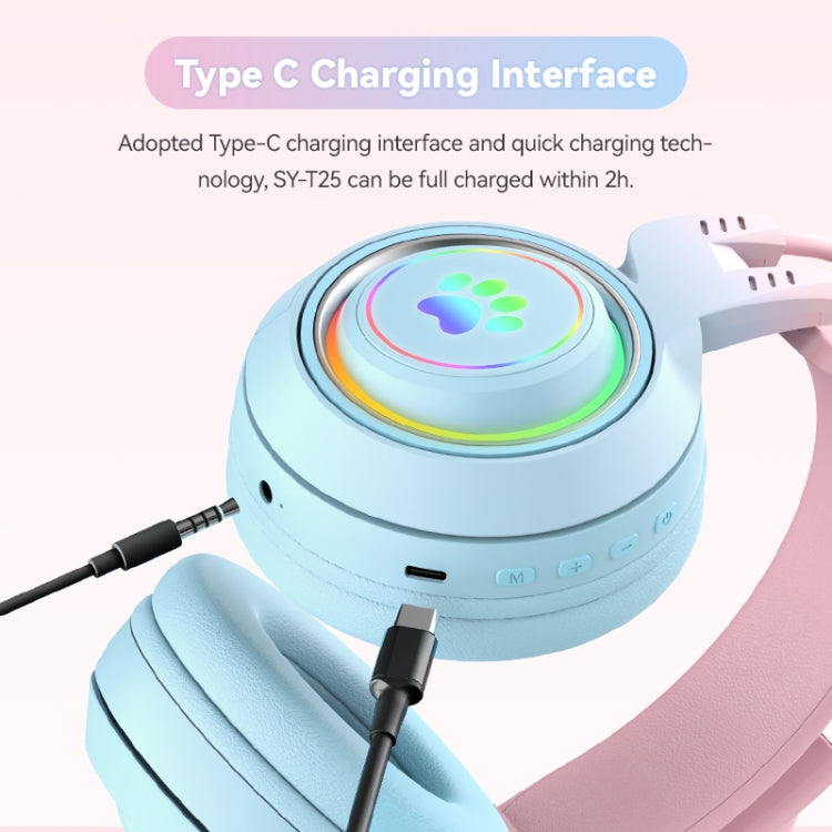 T25 RGB Auscultadores Bluetooth Sem Fios Estéreo com Orelhas de Gato e Microfone Destacável
