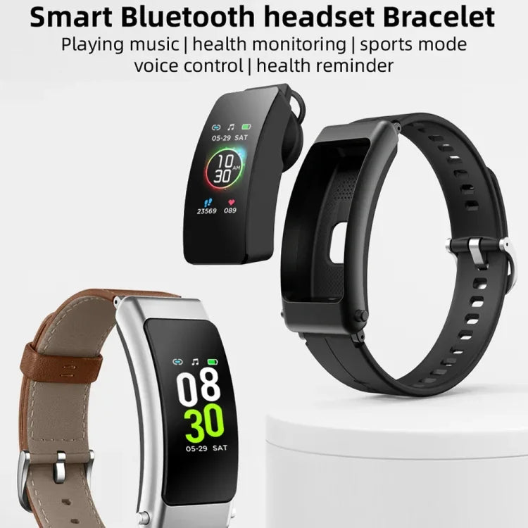 K50+ 0.96 inch Leather Band Earphone Detachable Life Waterproof Smart Watch Support Bluetooth Call, Leather Band (Black)