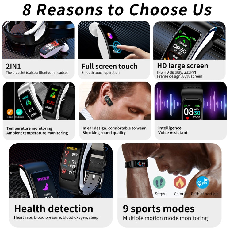 K60 Smartwatch destacável com auricular e pulseira de couro de 1,08 polegadas à prova de água Suporta chamada Bluetooth, Pulseira de couro (Preto Prateado), Pulseira de couro (Castanho), Pulseira de couro (Preto), Pulseira de couro (Castanho Prateado)