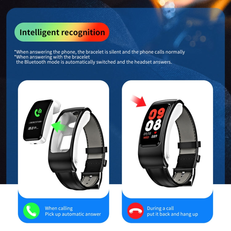 K60 Smartwatch destacável com auricular e pulseira de couro de 1,08 polegadas à prova de água Suporta chamada Bluetooth, Pulseira de couro (Preto Prateado), Pulseira de couro (Castanho), Pulseira de couro (Preto), Pulseira de couro (Castanho Prateado)
