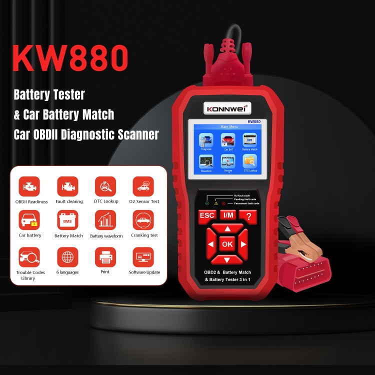 KONNWEI KW880 3 in 1 Car OBD2 Fault Diagnosis + Battery Tester + Battery Match Reset, BK880