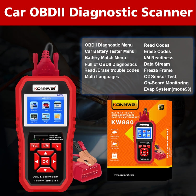 KONNWEI KW880 3 in 1 Car OBD2 Fault Diagnosis + Battery Tester + Battery Match Reset, BK880