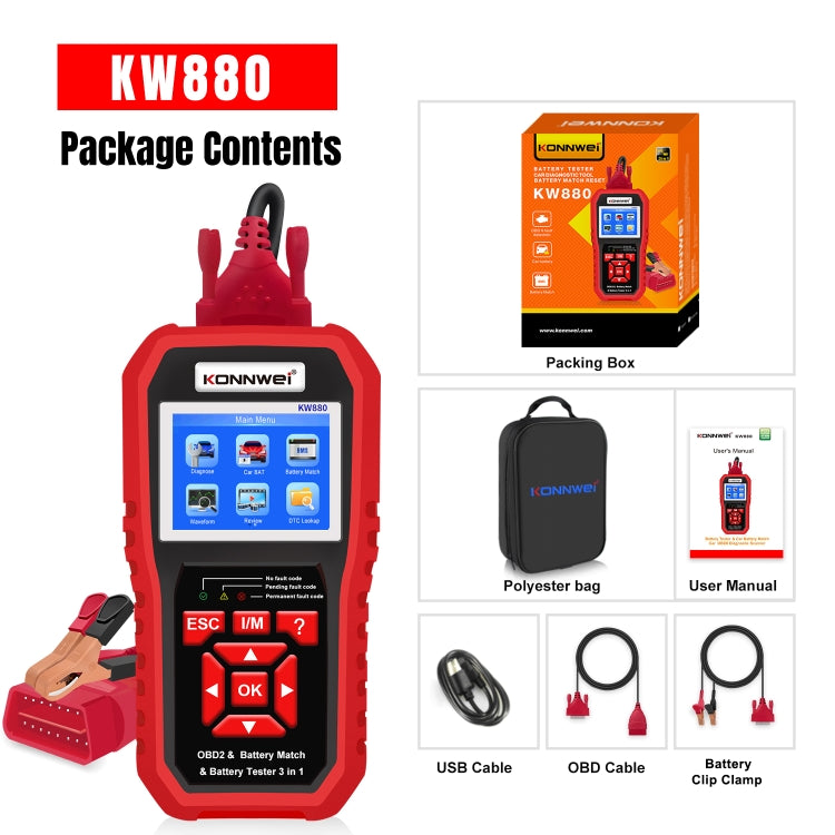 KONNWEI KW880 3 in 1 Car OBD2 Fault Diagnosis + Battery Tester + Battery Match Reset, BK880