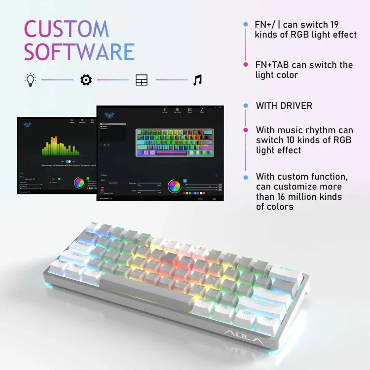 AULA F3261 Teclado Mecânico RGB com 61 Teclas, Tipo-C, Hot Swappable, Com Fios