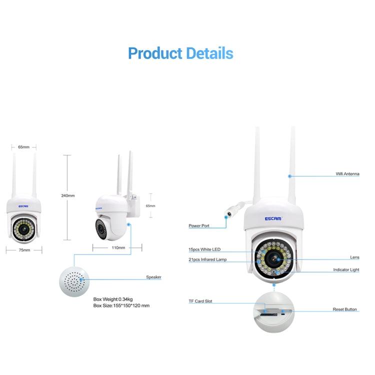 ESCAM PVR007 Câmara WiFi HD Inteligente 3MP Suporta Visão Noturna a Cores Completas / Detecção de Movimento / Alarme Sonoro / Cartão TF, PVR007