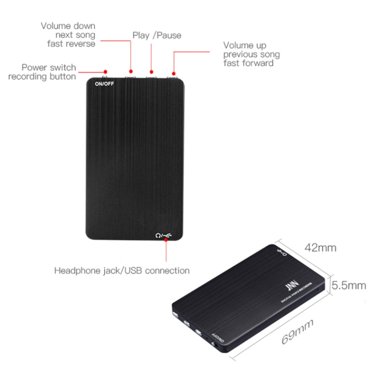 Gravador de Voz Inteligente JNN M2 Ultra Fino com Redução de Ruído HD, Controlo Inteligente, 4GB, 8GB, 16GB, 32GB, 64GB