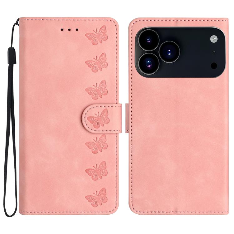 Capa de Telemóvel em Pele Relevada com Sete Borboletas, Para iPhone 16e / 17e, Para iPhone 17 Pro Max, Para iPhone 17 Pro, Para iPhone 17, Para iPhone Air, Para iPhone 16 Pro Max, Para iPhone 16 Pro, Para iPhone 16 Plus