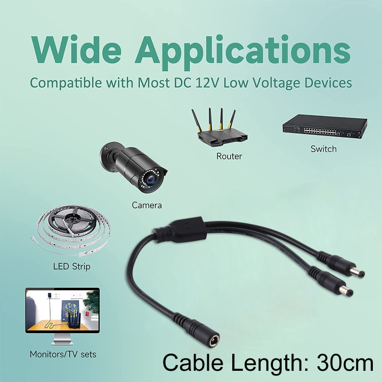 Adaptador Divisor de Energia DC Plug Fêmea para Macho 5.5 x 2.1mm, Cabo de Energia, 30cm, 70cm