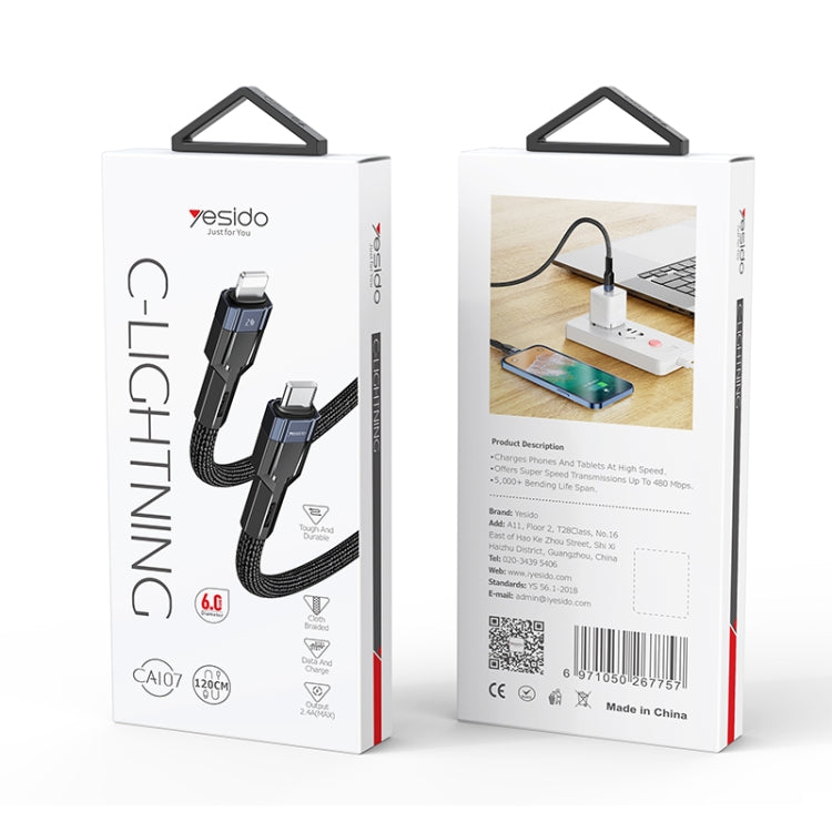 YESIDO CA107 1.2m 2.4A USB-C / Type-C para 8 Pinos Cabo de Dados de Carregamento OD0.6, CA107