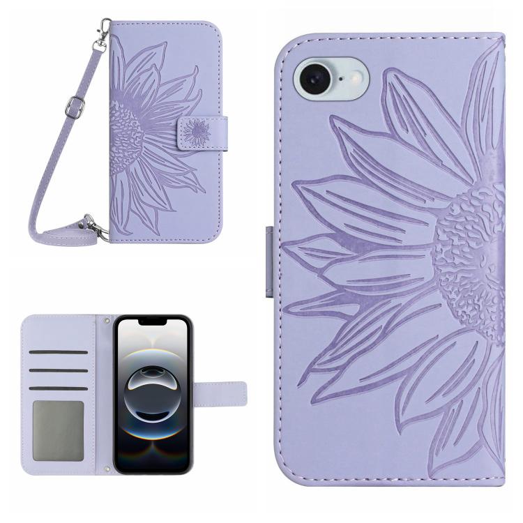Capa de telemóvel em pele com relevo de girassol Skin Feel e cordão, para iPhone 17e / 16e, para iPhone 17 Pro Max, para iPhone 17 Pro, para iPhone 17
