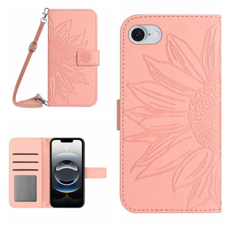 Capa de telemóvel em pele com relevo de girassol Skin Feel e cordão, para iPhone 17e / 16e, para iPhone 17 Pro Max, para iPhone 17 Pro, para iPhone 17