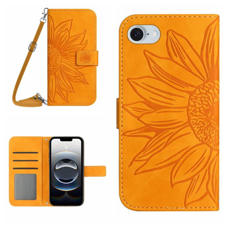 Capa de telemóvel em pele com relevo de girassol Skin Feel e cordão, para iPhone 17e / 16e, para iPhone 17 Pro Max, para iPhone 17 Pro, para iPhone 17