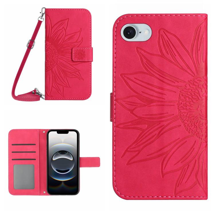 Capa de telemóvel em pele com relevo de girassol Skin Feel e cordão, para iPhone 17e / 16e, para iPhone 17 Pro Max, para iPhone 17 Pro, para iPhone 17