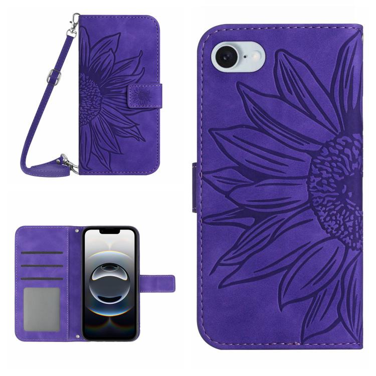 Capa de telemóvel em pele com relevo de girassol Skin Feel e cordão, para iPhone 17e / 16e, para iPhone 17 Pro Max, para iPhone 17 Pro, para iPhone 17