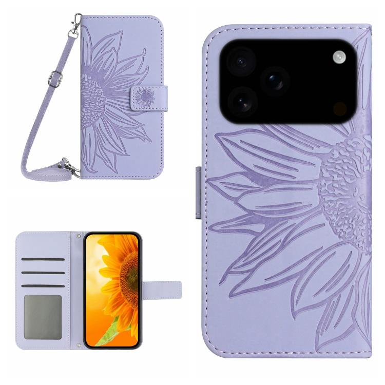 Capa de telemóvel em pele com relevo de girassol Skin Feel e cordão, para iPhone 17e / 16e, para iPhone 17 Pro Max, para iPhone 17 Pro, para iPhone 17