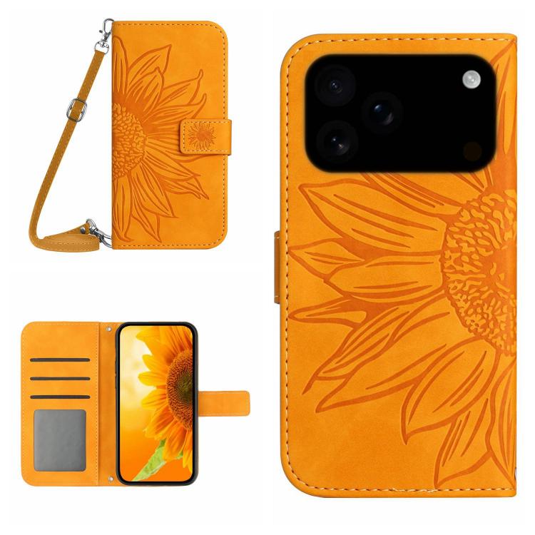 Capa de telemóvel em pele com relevo de girassol Skin Feel e cordão, para iPhone 17e / 16e, para iPhone 17 Pro Max, para iPhone 17 Pro, para iPhone 17