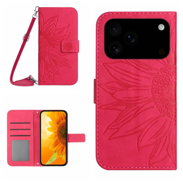 Capa de telemóvel em pele com relevo de girassol Skin Feel e cordão, para iPhone 17e / 16e, para iPhone 17 Pro Max, para iPhone 17 Pro, para iPhone 17