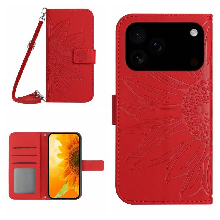Capa de telemóvel em pele com relevo de girassol Skin Feel e cordão, para iPhone 17e / 16e, para iPhone 17 Pro Max, para iPhone 17 Pro, para iPhone 17