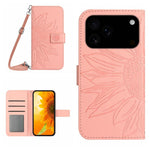 Capa de telemóvel em pele com relevo de girassol Skin Feel e cordão, para iPhone 17e / 16e, para iPhone 17 Pro Max, para iPhone 17 Pro, para iPhone 17