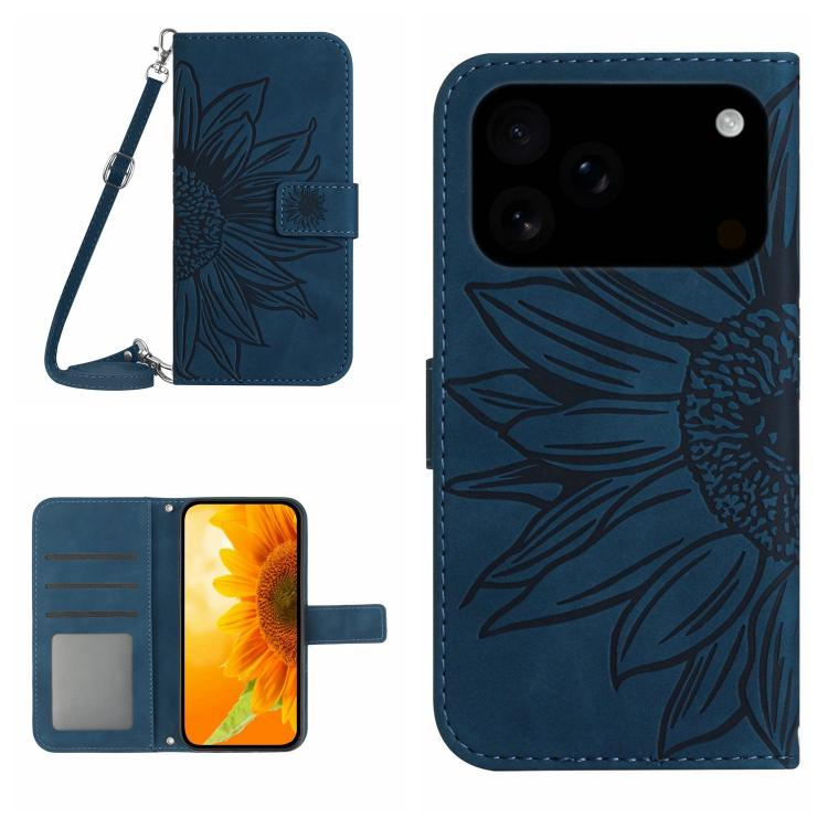 Capa de telemóvel em pele com relevo de girassol Skin Feel e cordão, para iPhone 17e / 16e, para iPhone 17 Pro Max, para iPhone 17 Pro, para iPhone 17