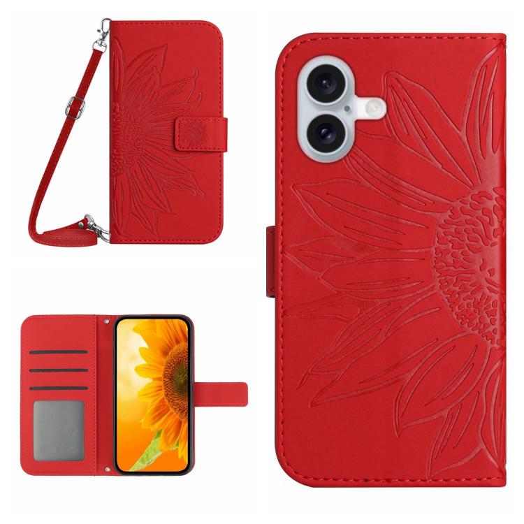 Capa de telemóvel em pele com relevo de girassol Skin Feel e cordão, para iPhone 17e / 16e, para iPhone 17 Pro Max, para iPhone 17 Pro, para iPhone 17