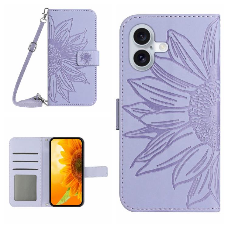 Capa de telemóvel em pele com relevo de girassol Skin Feel e cordão, para iPhone 17e / 16e, para iPhone 17 Pro Max, para iPhone 17 Pro, para iPhone 17