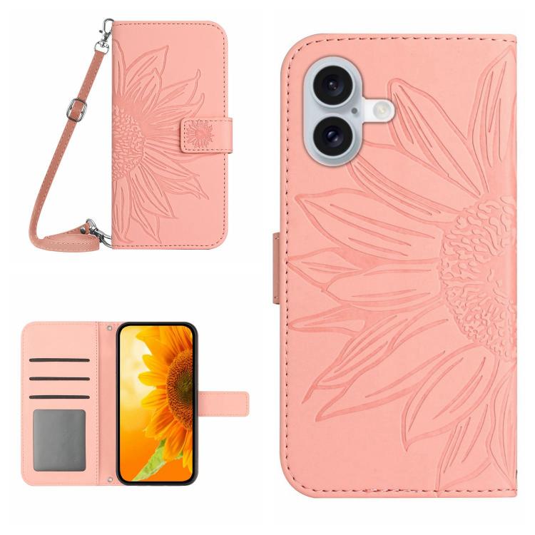 Capa de telemóvel em pele com relevo de girassol Skin Feel e cordão, para iPhone 17e / 16e, para iPhone 17 Pro Max, para iPhone 17 Pro, para iPhone 17