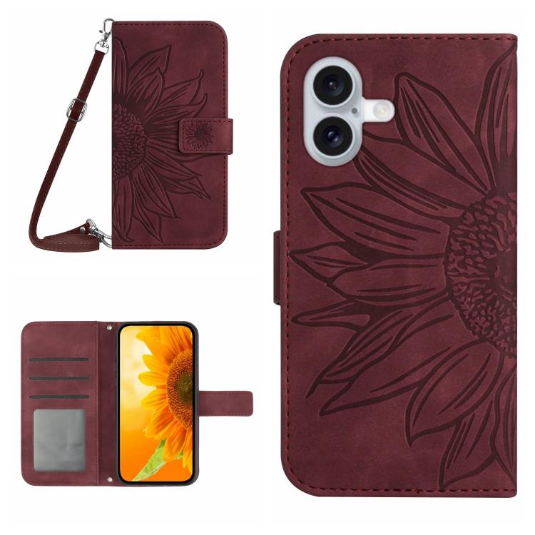 Capa de telemóvel em pele com relevo de girassol Skin Feel e cordão, para iPhone 17e / 16e, para iPhone 17 Pro Max, para iPhone 17 Pro, para iPhone 17