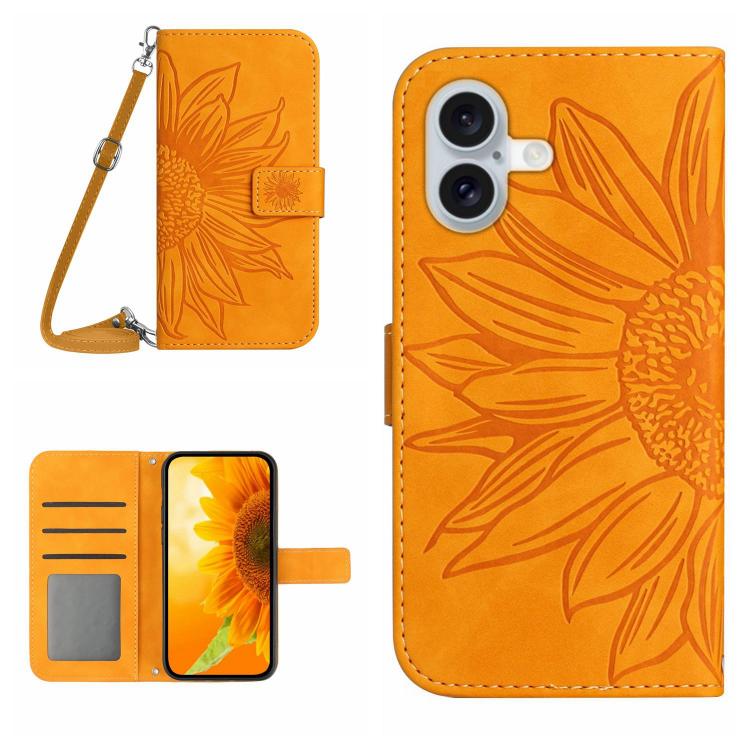 Capa de telemóvel em pele com relevo de girassol Skin Feel e cordão, para iPhone 17e / 16e, para iPhone 17 Pro Max, para iPhone 17 Pro, para iPhone 17