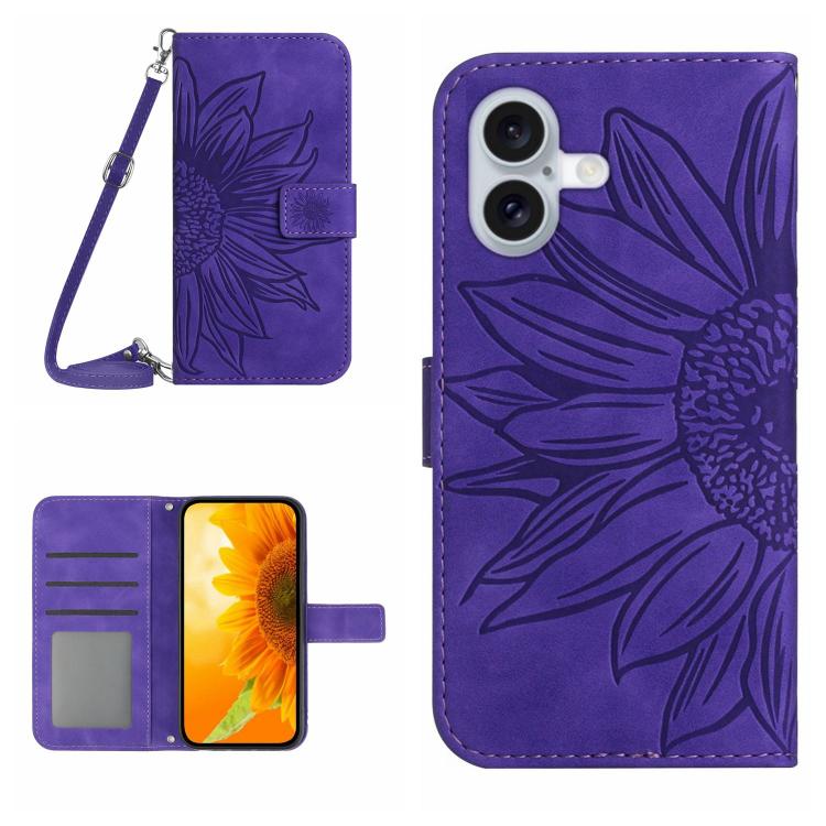 Capa de telemóvel em pele com relevo de girassol Skin Feel e cordão, para iPhone 17e / 16e, para iPhone 17 Pro Max, para iPhone 17 Pro, para iPhone 17