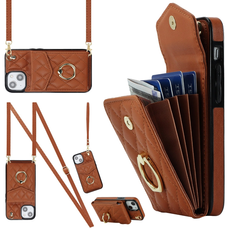 Capa de Telemóvel com Bolsa para Cartões e Textura Rombica com Cordão Longo, Para iPhone 15 Pro, Para iPhone 15 Plus, Para iPhone 15, Para iPhone 14 Plus, Para iPhone 14, Para iPhone 14 Pro