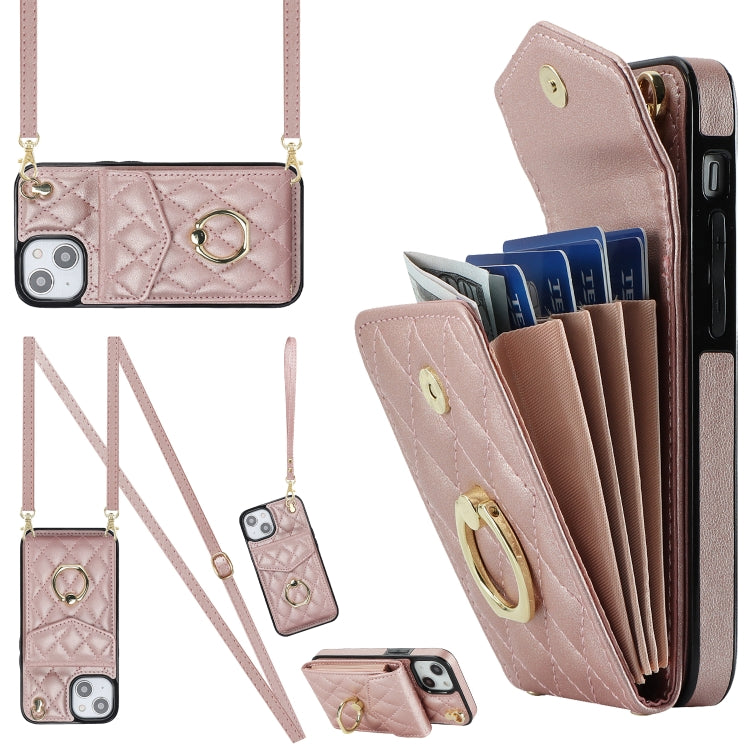 Capa de Telemóvel com Bolsa para Cartões e Textura Rombica com Cordão Longo, Para iPhone 15 Pro, Para iPhone 15 Plus, Para iPhone 15, Para iPhone 14 Plus, Para iPhone 14, Para iPhone 14 Pro