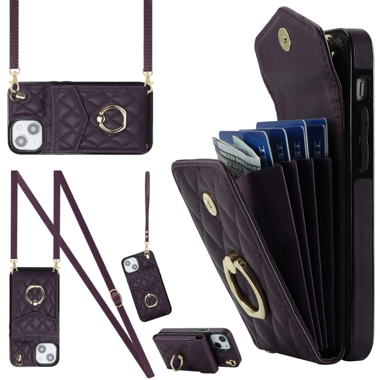 Capa de Telemóvel com Bolsa para Cartões e Textura Rombica com Cordão Longo, Para iPhone 15 Pro, Para iPhone 15 Plus, Para iPhone 15, Para iPhone 14 Plus, Para iPhone 14, Para iPhone 14 Pro