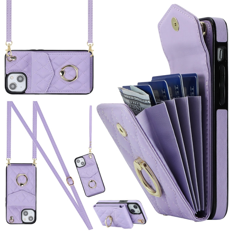 Capa de Telemóvel com Bolsa para Cartões e Textura Rombica com Cordão Longo, Para iPhone 15 Pro, Para iPhone 15 Plus, Para iPhone 15, Para iPhone 14 Plus, Para iPhone 14, Para iPhone 14 Pro