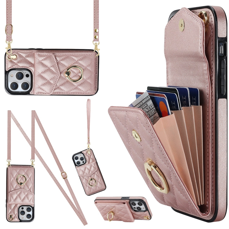 Capa de Telemóvel com Bolsa para Cartões e Textura Rombica com Cordão Longo, Para iPhone 15 Pro, Para iPhone 15 Plus, Para iPhone 15, Para iPhone 14 Plus, Para iPhone 14, Para iPhone 14 Pro