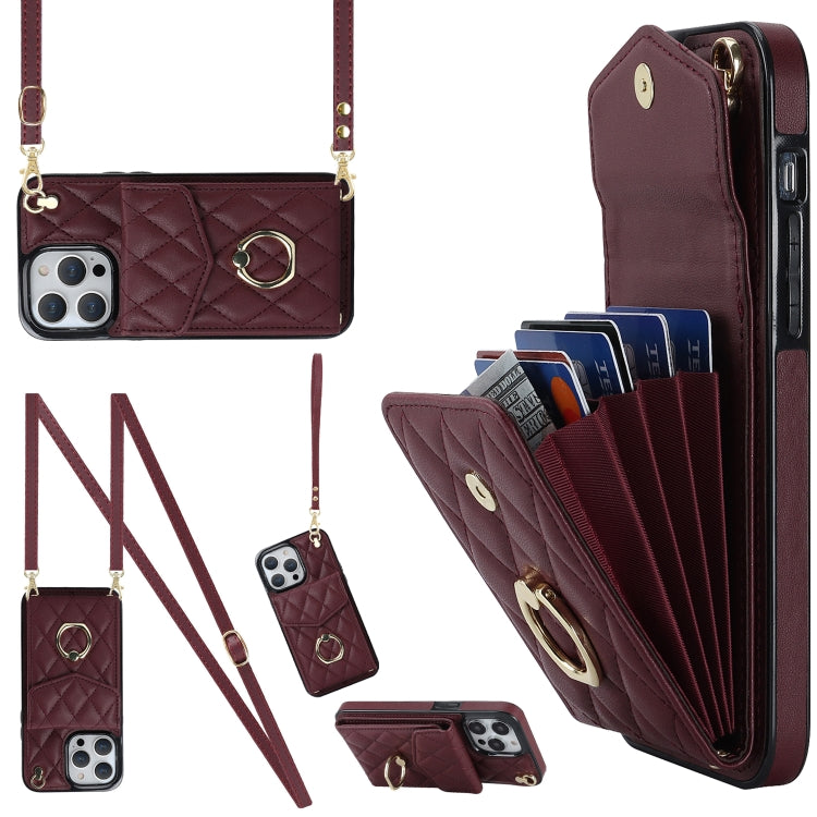 Capa de Telemóvel com Bolsa para Cartões e Textura Rombica com Cordão Longo, Para iPhone 14 Pro Max, Para iPhone 13 Pro Max, Para iPhone 13 Pro, Para iPhone 13, Para iPhone 12 / 12 Pro, Para iPhone 12 Pro Max