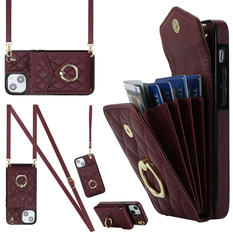 Capa de Telemóvel com Bolsa para Cartões e Textura Rombica com Cordão Longo, Para iPhone 14 Pro Max, Para iPhone 13 Pro Max, Para iPhone 13 Pro, Para iPhone 13, Para iPhone 12 / 12 Pro, Para iPhone 12 Pro Max