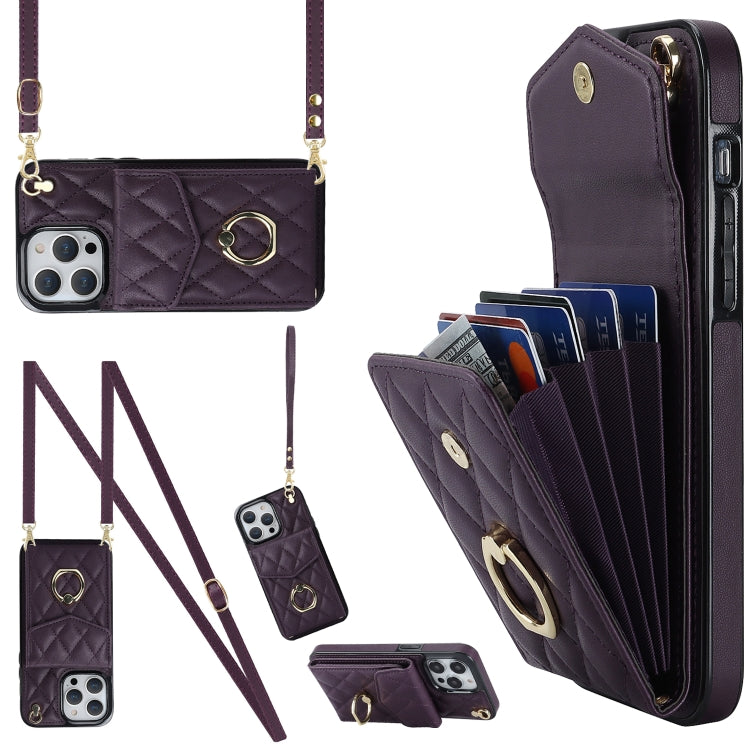 Capa de Telemóvel com Bolsa para Cartões e Textura Rombica com Cordão Longo, Para iPhone 14 Pro Max, Para iPhone 13 Pro Max, Para iPhone 13 Pro, Para iPhone 13, Para iPhone 12 / 12 Pro, Para iPhone 12 Pro Max