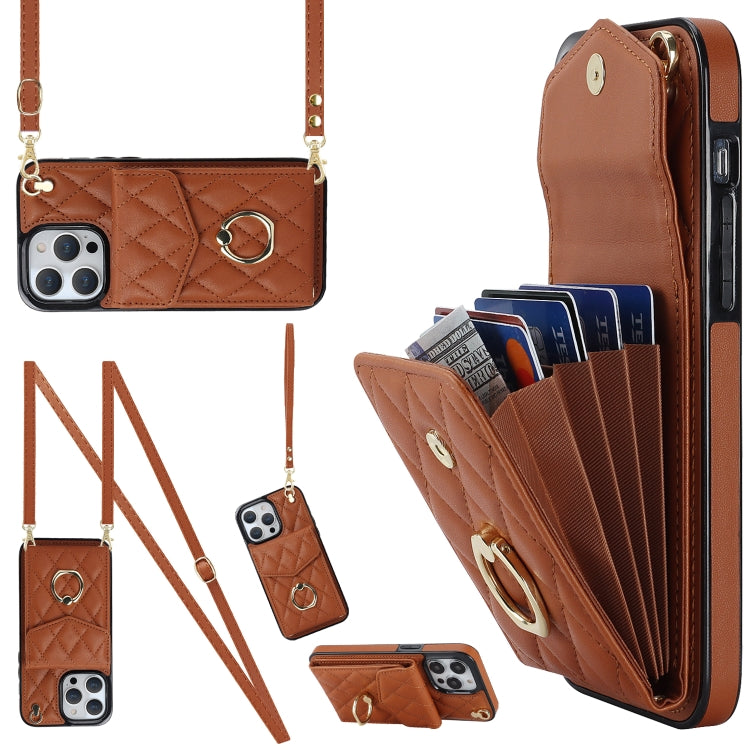 Capa de Telemóvel com Bolsa para Cartões e Textura Rombica com Cordão Longo, Para iPhone 14 Pro Max, Para iPhone 13 Pro Max, Para iPhone 13 Pro, Para iPhone 13, Para iPhone 12 / 12 Pro, Para iPhone 12 Pro Max