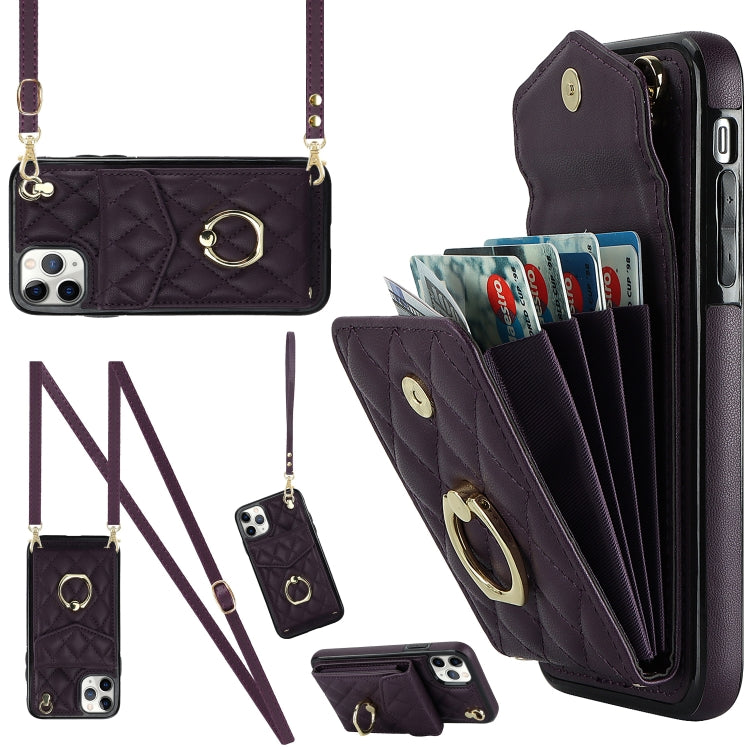 Capa de Telemóvel com Bolsa para Cartões e Textura Rombica com Cordão Longo, Para iPhone 11 Pro Max, Para iPhone 11, Para iPhone 11 Pro, Para iPhone XR, Para iPhone XS Max