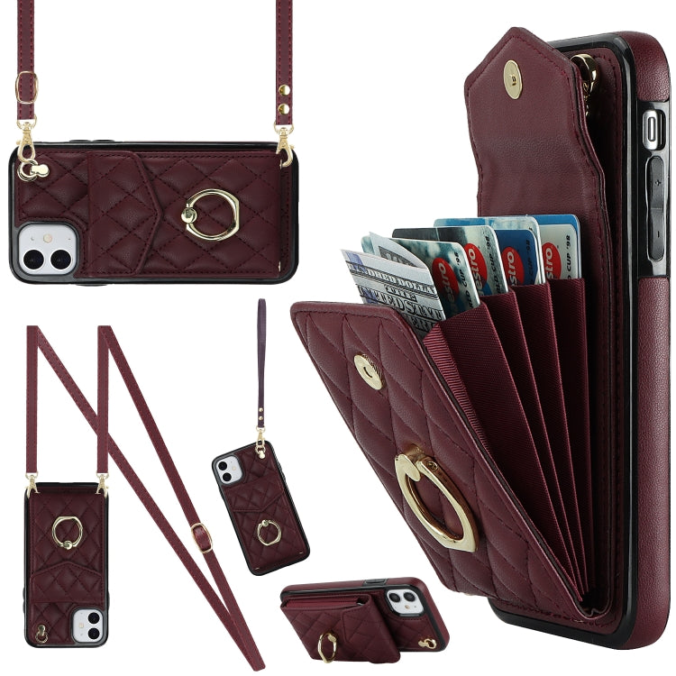 Capa de Telemóvel com Bolsa para Cartões e Textura Rombica com Cordão Longo, Para iPhone 11 Pro Max, Para iPhone 11, Para iPhone 11 Pro, Para iPhone XR, Para iPhone XS Max