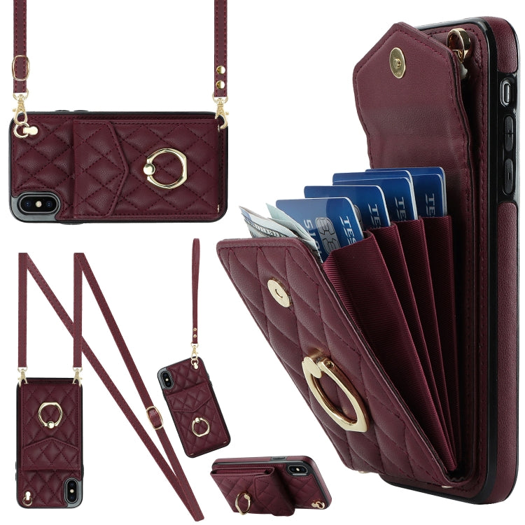 Capa de Telemóvel com Bolsa para Cartões e Textura Rombica com Cordão Longo, Para iPhone 11 Pro Max, Para iPhone 11, Para iPhone 11 Pro, Para iPhone XR, Para iPhone XS Max