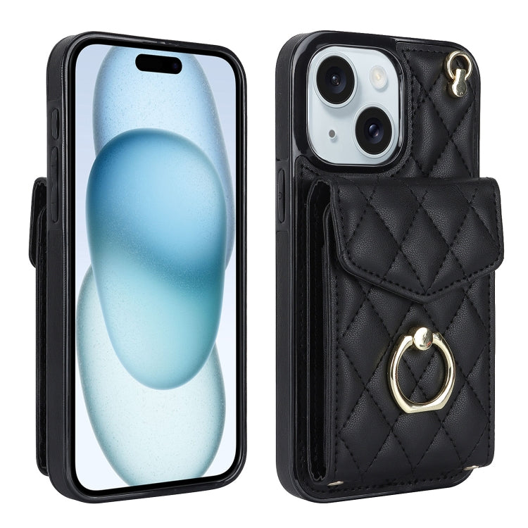 Capa de Telemóvel com Bolsa para Cartões e Textura Rombica com Cordão Longo, Para iPhone 15 Pro, Para iPhone 15 Plus, Para iPhone 15, Para iPhone 14 Plus, Para iPhone 14, Para iPhone 14 Pro
