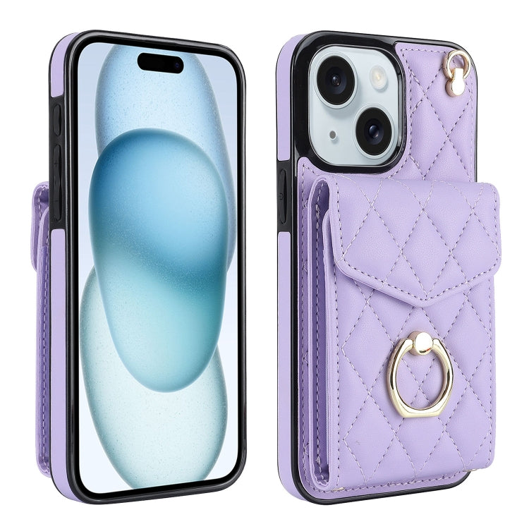 Capa de Telemóvel com Bolsa para Cartões e Textura Rombica com Cordão Longo, Para iPhone 15 Pro, Para iPhone 15 Plus, Para iPhone 15, Para iPhone 14 Plus, Para iPhone 14, Para iPhone 14 Pro